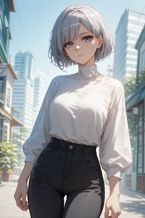    Silver Hair、   short hair、  adult female 、  standing、cool white clothes 、【Contemporary、  black pants 、High quality OP 、masterpiece、    high definition  、   Details、   detailed face  、  expressionless 、 blue eyes、 smiles