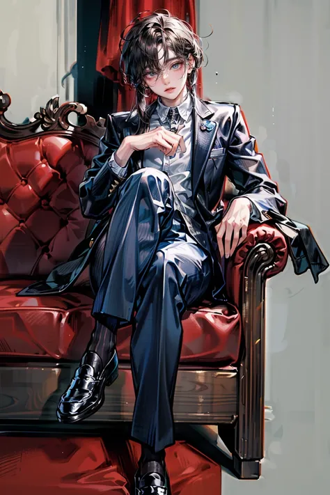 Full-body view, a mansitting on a wooden box, 8K resolution, high detail, around 20 years old, (one male:1.5), bored expression, black hair, slightly long hair:1.5, messy hair, drooping eyebrows, downturned eyes, pitch-black eyes, chic outfit, checkered ja...