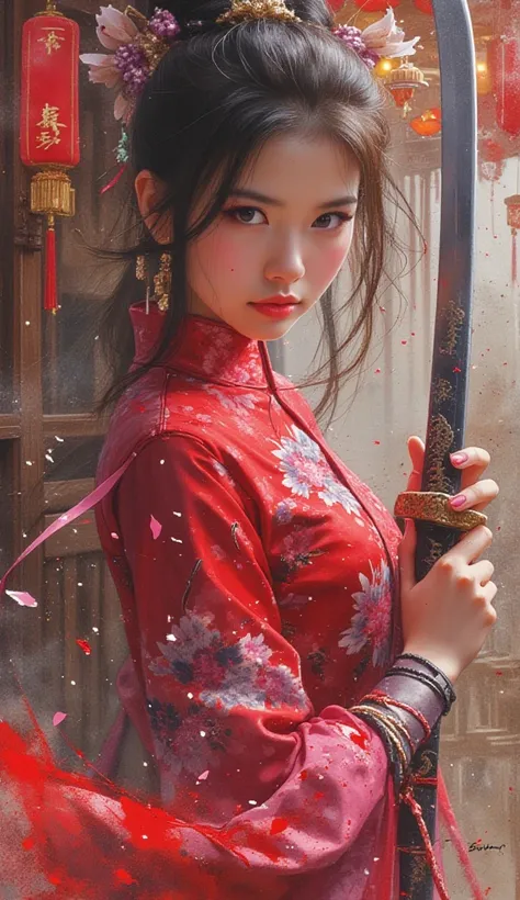 Create watercolour splash art style. A beautiful Chinese girl wearing a red and pink CHEONGSAM. Facing forward holding a katana with a dragon carving. Angry facial reaction, sharp eye gaze. A precarious and dusty atmosphere. Cinematic mode. High resolution...