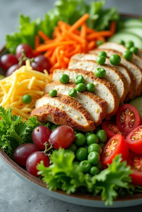 Salad in a bowl contains vegetable leaves, carrot, tomato, baked potato, cucumber, Greenpeace, grapes, chicken shredded 