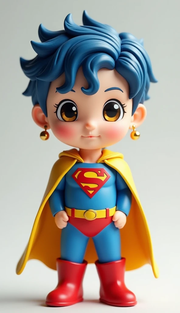 Red letter P on chest、Superman style、BLUEhair、Yellow Cape、 little character、 cute、 chibi,cute, standing、 is facing the front、 full body frame、White clothes、 blue pants、 red boots、solo,  high resolution,  anatomically correct,  top quality,  high detail,  v...