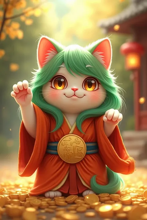 A cool baby cat 、 so cute、Smile、 stares at the camera、Long green hair 、Hair is good for sunlight、 golden eyes from below n、 A pile of gold coins in the background 、, , a gorgeous and mysterious world unfolds,  An impressive illustration of Japanese maneki-...