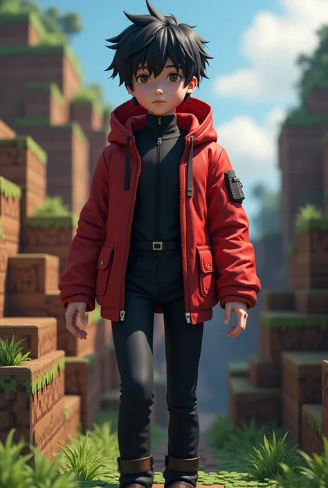 Anime red-jacketed black haired black chest suit realistic Minecraft background 