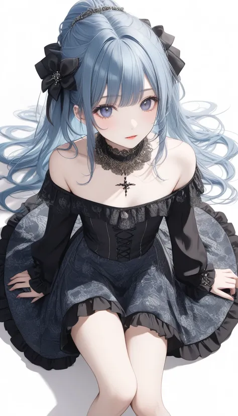  ONE CUTE -OLD GIRL ,Young Face、 slim figure、 thin legs、８Head to Body、((Beautiful light dark blue hair ))、( inner color)、((Grown up hairstyle))、((Off-the-shoulder gothic clothing with fashionable and luxurious fabrics and patterns))、 lens flare,Natural col...