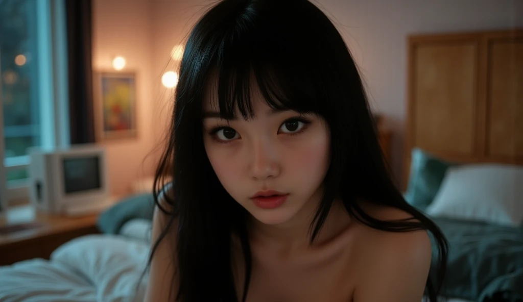 Young , idol,  korean, contato visual, looking on view, ,mirando,  magro , olhos puxados, olhos grandes, franja separada do lado direito, surprised , youthful appearance , light black hair , detalhes eyes, pupil , iris, smiling, grin, Rounded face, youthfu...