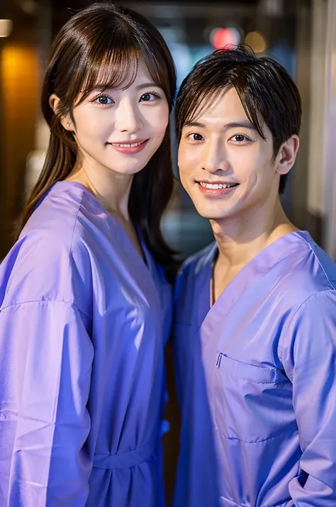 男性歯科医師と女性歯科衛生士　２people　A good business partner　日本people　 beautiful men with deep kisses　Male Dentists and Female Dental Hygienists Wear Sweet Potato Color Scrubs 　 Upper Body Up 　 high definition　 high definition　 top quality　smile　 during treatment