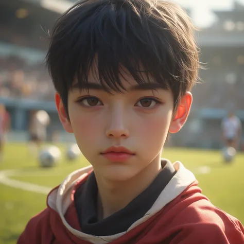 Masterpiece, best quality, 8k, highest quality, best graphic, beautiful eye, beautiful lip, beautiful background, boy in 20s, black short hair, soccer clothes, soccer ball