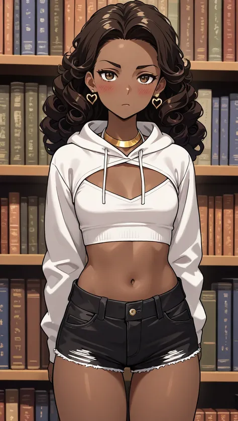 1Girl, Mature, Ebony, African American, Dark Skin, Long Curly Hair, Brunette Curly Hair, Brown Eyes, Medium Chest, White Halter Crop-Top, White Cropped High-Cut Hoodie, Black Short Shorts, Jewelry, Heart Earrings, Looking At Viewer, Bored, Serious, Blush, ...