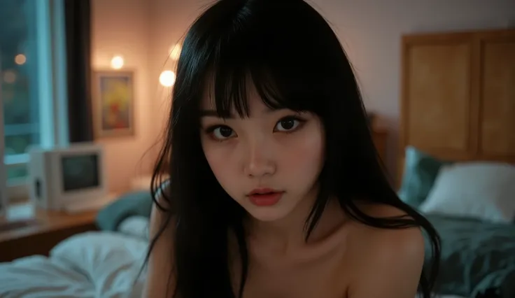 Young , idol,  korean, contato visual, looking on view, ,mirando,  magro , olhos puxados, olhos grandes, franja separada do lado direito, surprised , youthful appearance , light black hair , detalhes eyes, pupil , iris, smiling, grin, Rounded face, youthfu...