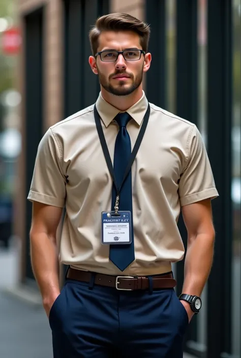 Driver with navy blue dress pants and dark beige short sleeve shirt and a lanjard