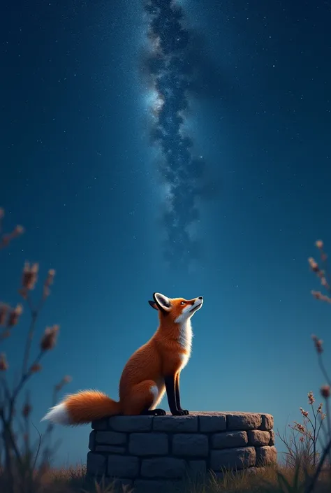 A realistic image of a fox sitting in the well watching a royal blue sky with touches of light blue looking at the star-filled sky with the Milky Way 