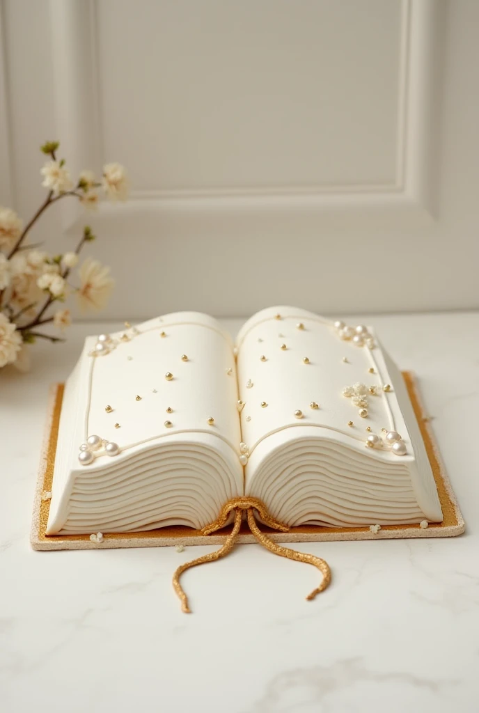 Pearl and gold cake in the shape of an open bible
