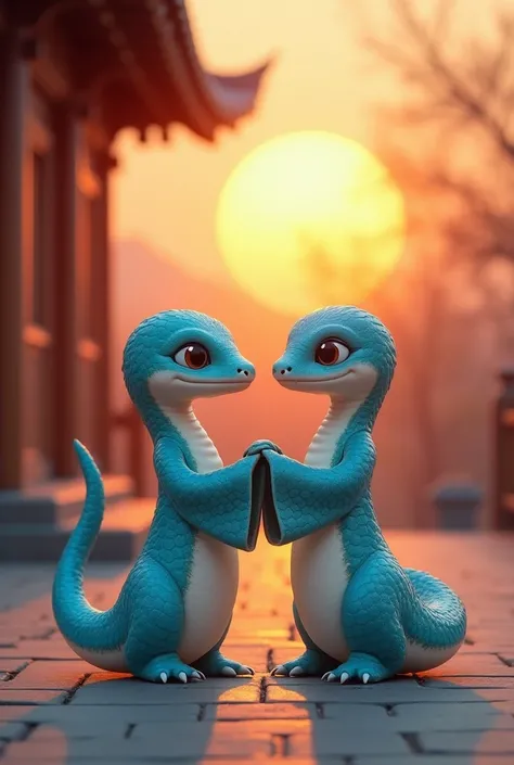 A small, cute, and pretty female baby blue snake wearing a traditional Korean costume for a woman from the Joseon Dynasty stands in front of a tiled house and looks in front of the camera, holding hands and greeting each other.. The big sun is rising behin...