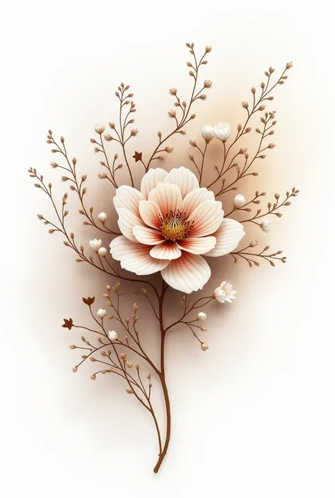 Dessin au feutre, white background, brown and taupe tones,  filaments graphiques et abstraits,  HD, ajouter au centre a beautiful bouquet, ornements pearls and stars en parfaite harmonie avec l'ensemble de l'image