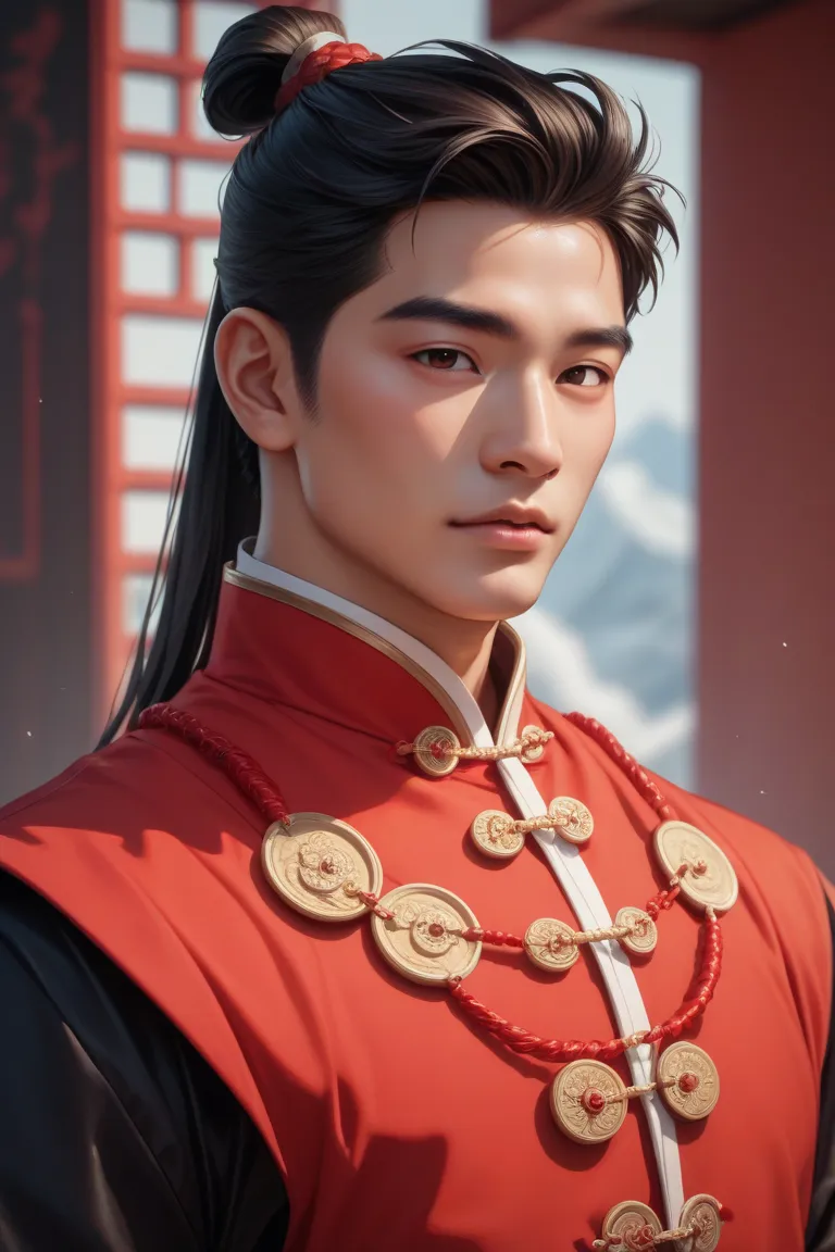 An Asian man, with very marked Asian features, a very masculine bearing, a very white complexion, and dressed in red imperial clothes, from ancient China, is the very handsome and manly emperor. He is 26 years old, young, very attractive and has long hair,...