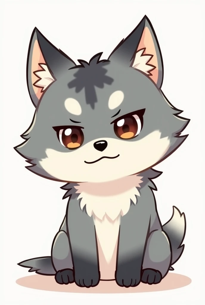 Furry chibi like Wolf, grey (litter black), sit, face like :<, 1 eyes open