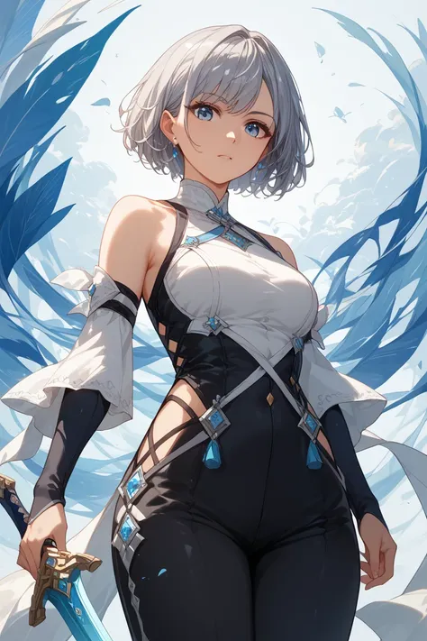    Silver Hair、   short hair、  adult female 、  standing、Fantastic and cool white swordsman clothes 、  black pants 、High quality OP 、masterpiece、    high definition  、   Details、   detailed face  、 blue eyes、 smiles、 holds up a sword during battle、