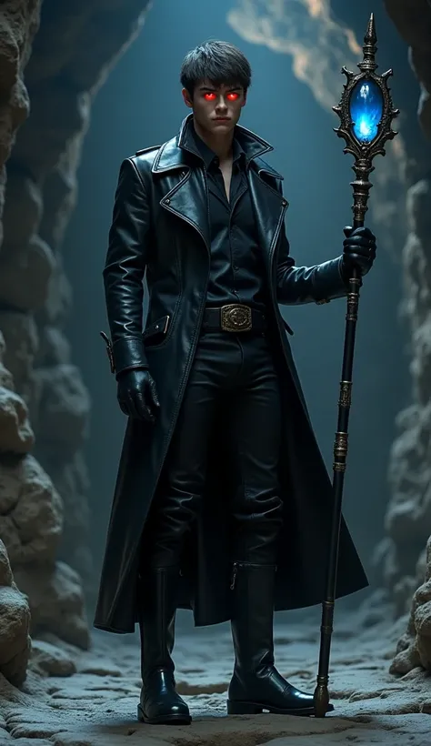 An 18-year-old young man standing in black leather, Leather gloves, Red Eyes,  leather boots with long shaft , long rod with a blue crystal at the end in the right fist in a dungeon 