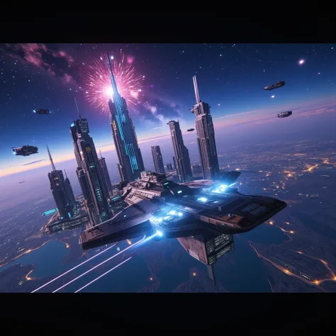 A breathtaking panorama of a futuristic metropolis unfolds before our eyes, suspended amidst the vast expanse of space. Towering skyscrapers, constructed from shimmering, translucent materials, pierce the night sky, adorned with vibrant auroras. Autonomous...