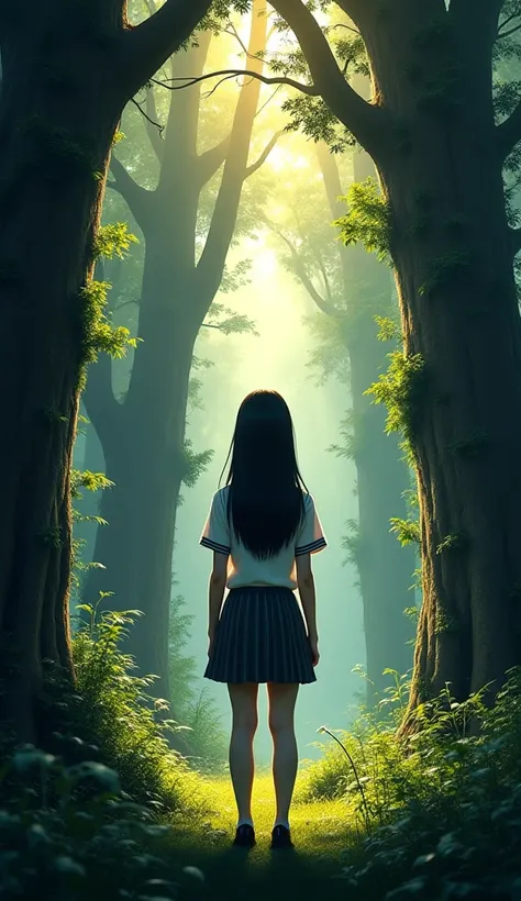 Berikut prompt yang telah diperbarui:  

"A high school girl with long black hair, wearing a white and gray school uniform, is standing inside a mysterious area filled with giant, towering trees and dense, overgrown grass. The atmosphere is dim, set during...