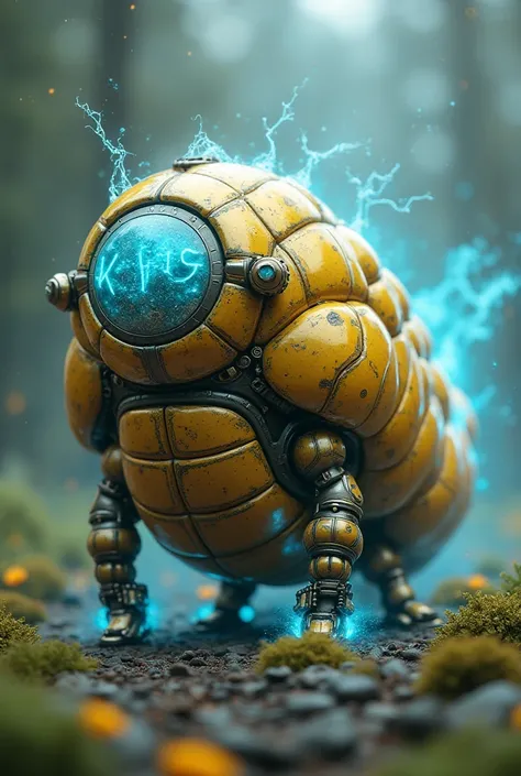  A golden fat caterpillar robot with a blue stream of light. No legs .