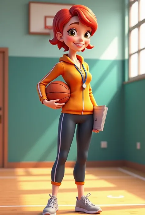  A stylized humorous cartoon in a semi-realistic style, 
 A woman gym teacher with short red hair ,  in a tracksuit ,  hanging a sports whistle around her neck ,  standing full length,  foot sneakers,  Looking straight,  holding a basketball in one hand , ...