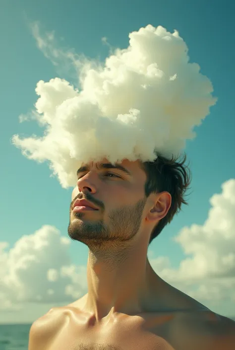 A surreal and vibrant cinematic photograph of a man's head, with his face somewhat obscured, as if veiled by wispy clouds that have taken on a life of their own, bursting forth from his cranium like a celestial explosion, set against a dreamy, gradient blu...