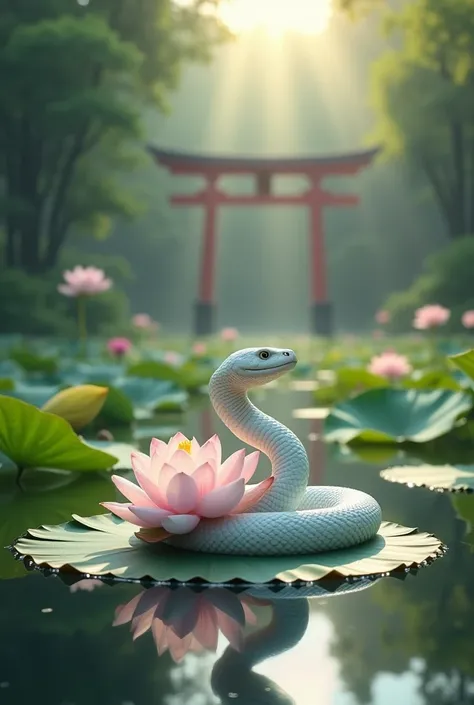  There are many lotus flowers in the pond 、 A beautiful white snake is meditating on a lotus flower floating in the pond、  Heaven and the world have self-respect  、Strange sunlight 、The torii gate is faintly visible in the back