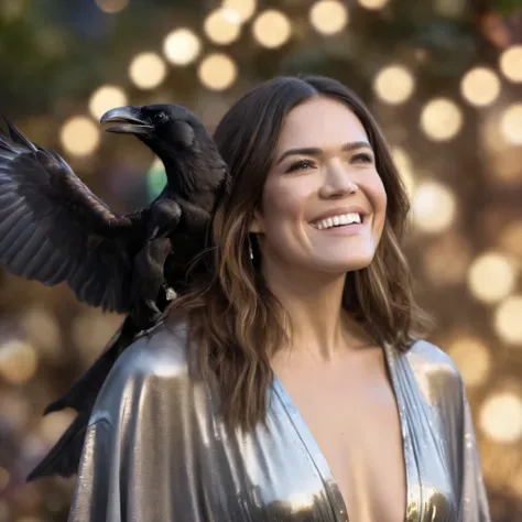 best quality, highres, 8k, masterpiece, photography, detailed midbody photorealistic portrait. Shimmering Submission entices Mandy Moore's sensuality. She dons a silver satin robe, cinched at her waist with a metallic belt. Her raven mane cascades down her...