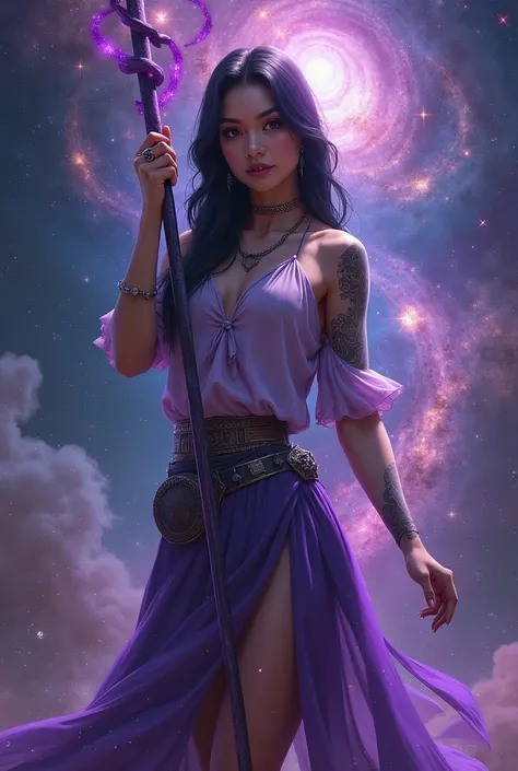 Beautiful MALAYSIAN WOMAN. FULL BODY. BLACK TATTOOS. PURPLE STAFF. GALAXY BACKGROUND. REALISTIC 
PURPLE AND GRAY COLORED knee-length blouse and long skirt