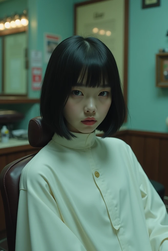  one girl,  black hair, bangs,  Bob Haircut ,  I'm wearing a white poncho for a haircut ,  sitting on a barber chair with her back stretched out,  inside an old Showa retro barber shop , Mental Silence , Transcendent Silence,  absurd,anxiety、regret、  high ...