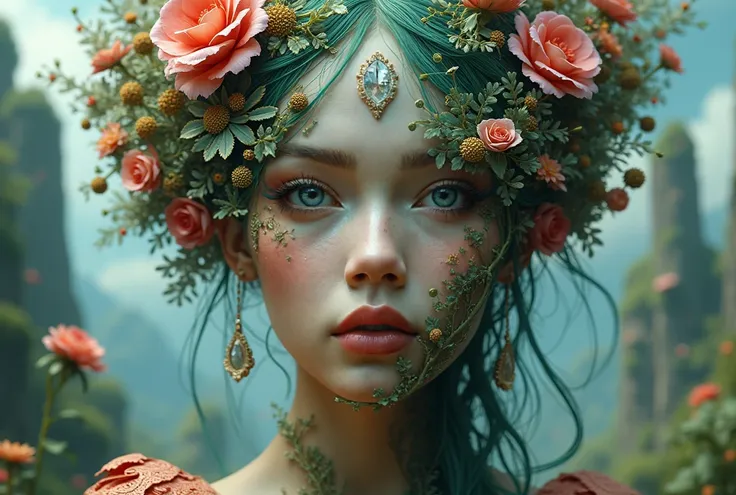 a woman's face with mystical images, in the style of surreal 3d landscapes, vivid colors, highly detailed figures, fantastical ruins, organic nature-inspired forms, intricate costumes, harmonious chaos, hyper realistic photography