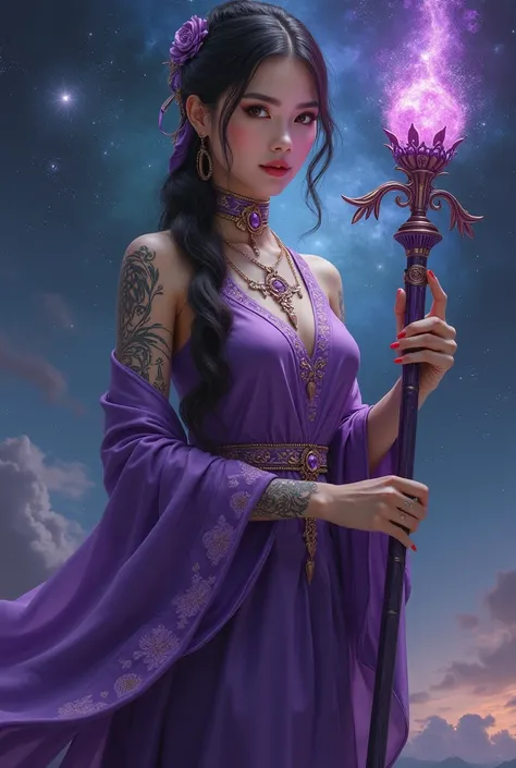 Beautiful MALAYSIAN WOMAN. FULL BODY. BLACK TATTOOS. PURPLE STAFF. GALAXY BACKGROUND. REALISTIC 
PURPLE AND GRAY COLORED MALAYSIAN TRADITIONAL OUTFIT