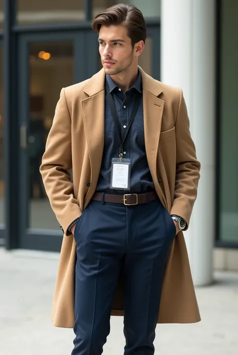 Young man with navy blue dress pants ,  dark beige coat and dark beige shirt with a lanjard 