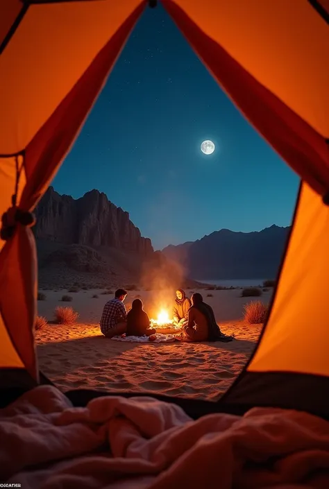 "View from inside a cozy tent with an orange glow, looking out at a stunning nighttime desert scene in Saudi Arabia. The background features rugged desert mountains under a starry sky, with a glowing crescent moon casting soft light over the landscape. Out...