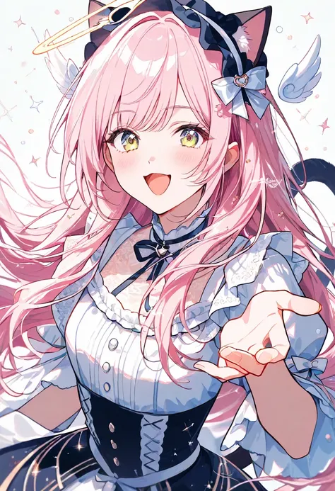 Ultra-detailed and ultra-fine line drawing style anime coloring illustrations, masterpiece, very aesthetic, 
cute anime cat angel boy with (long hair) and pink hair and cat ears and cat tail and angel wing and angel halo, lolita fashion outfits, open mouth...