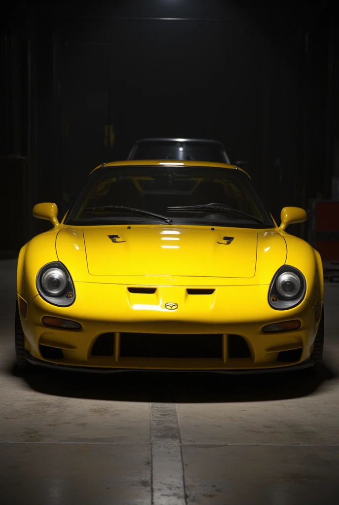 mazda (rx-7)、yellowbody、Inside the garage、 front angle next to cheek