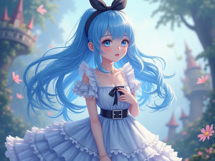 anime girl with black bow on head long sky blue waterfall hair blue eyes Alice in wonderland dress