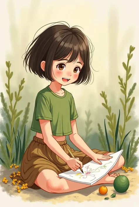 a drawing made by a  girl, a short black haired girl with brown skirt and green croptop