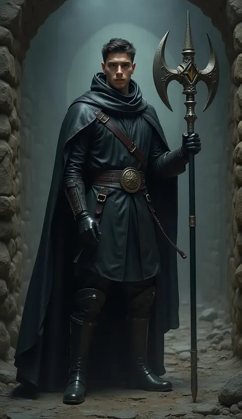 An 18-year-old young man standing in a black leather robe, Leather gloves,  leather boots with long shaft , long halberd in the right fist,  in a dungeon  