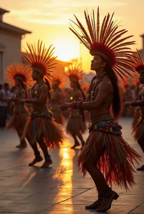 A group of dancers performing a ceremonial dance in the Grand Plaza. They wear elaborate feathered headdresses and painted clothing, moving to the rhythm of drums and flutes. Spectators watch from the sides, and the scene is illuminated by the warm glow of...