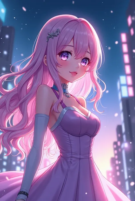  An anime girl with long, wavy hair in pastel pink,  large, bright eyes in a shade of lilac ,  wearing a stylish dress with futuristic details .  She is in a cityscape at night ,  with buildings illuminated by neon lights and a starry sky in the background...