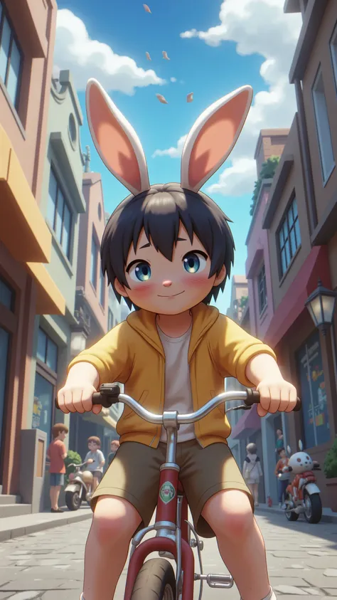 Noa a boy with medium size black hair, blue eyes with bunny ears patching, riding bicycle. High Resolution, Brown Rabbit Ears, Masterpiece, Anatomically Correct, Best Quality, Award Winning, Detail, Super Detailed, Black Hair, Blush, 3D Rendering, 8K Octan...