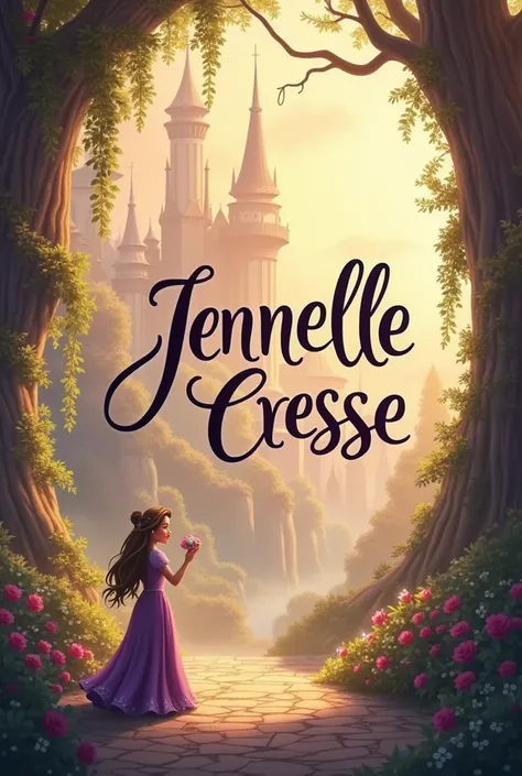 SHOW ME A VERY WONDERFUL CALLIGRAPHY ART WOTH THE NAME “JENNELLE CRESSE” WITH A BACKGROUND ALMOST DISNEY PRINCESS LIKE RAPUNZEL THEME BUT I DO NOT WANT TO MAKE IT OBVIOUSLY ABOUT RAPUNZEL