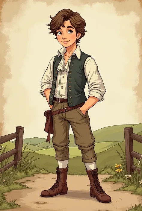 Create an old, cartoonish-style drawing of a young age boy from the 1700s. He has a buff, muscular body and is wearing traditional 1700s clothing: a white ruffled shirt, a waistcoat, knee-length breeches, and buckled shoes. His hair is styled in a classic ...