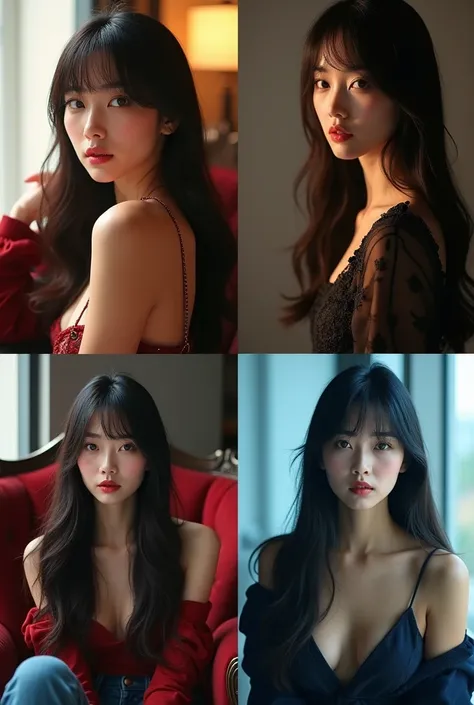  It generates a composite image of very extreme high quality that shows four portraits of a brown Asian woman,  a 24-year-old female model , she has black hair with bangs, with bangs, neat hair with bangs, with full bangs, long hair with bangs, with brown ...