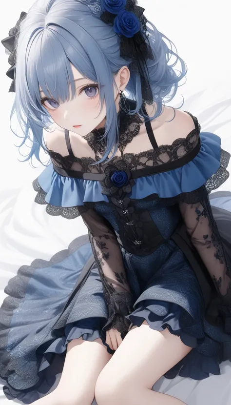  ONE CUTE -OLD GIRL ,Young Face、 slim figure、 thin legs、８Head to Body、((Beautiful light dark blue hair ))、( inner color)、((Grown up hairstyle))、((Off-the-shoulder gothic clothing with a beautiful blue, stylish and luxurious fabric and pattern))、 lens flare...