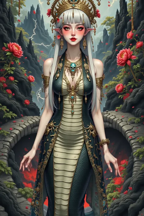 Scary Cleopatra ，skull crown ，  snakeskin dress  ，  black python scarf，  red eyes。Suspended buildings，tower，peony，lightning