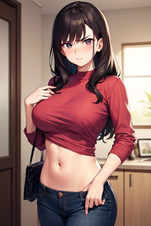 super fine illustration, vibrant colors, masterpiece, sharp focus, best quality, depth of field, cinematic lighting, ultra detailed, cropped shirt, pink shirt, long sleeves, slim pants, navel, belly button, tummy, 1 woman, solo, milf, very messy hair, slen...