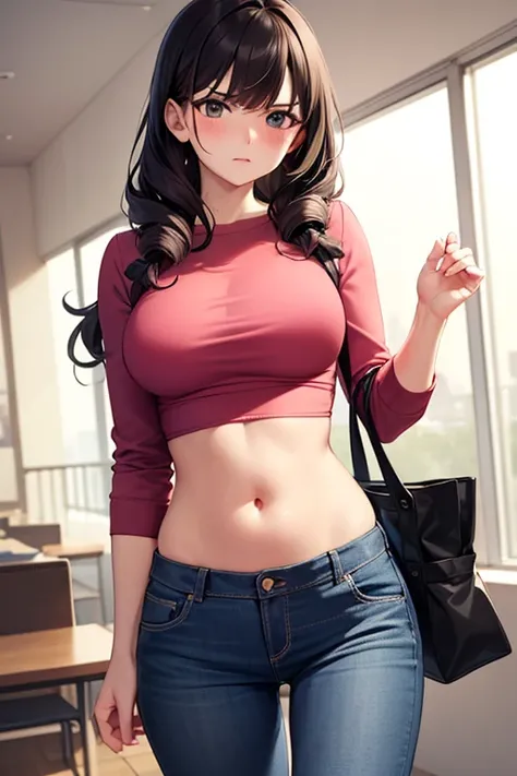 super fine illustration, vibrant colors, masterpiece, sharp focus, best quality, depth of field, cinematic lighting, ultra detailed, cropped shirt, pink shirt, long sleeves, slim pants, navel, belly button, tummy, 1 woman, solo, milf, very messy hair, slen...